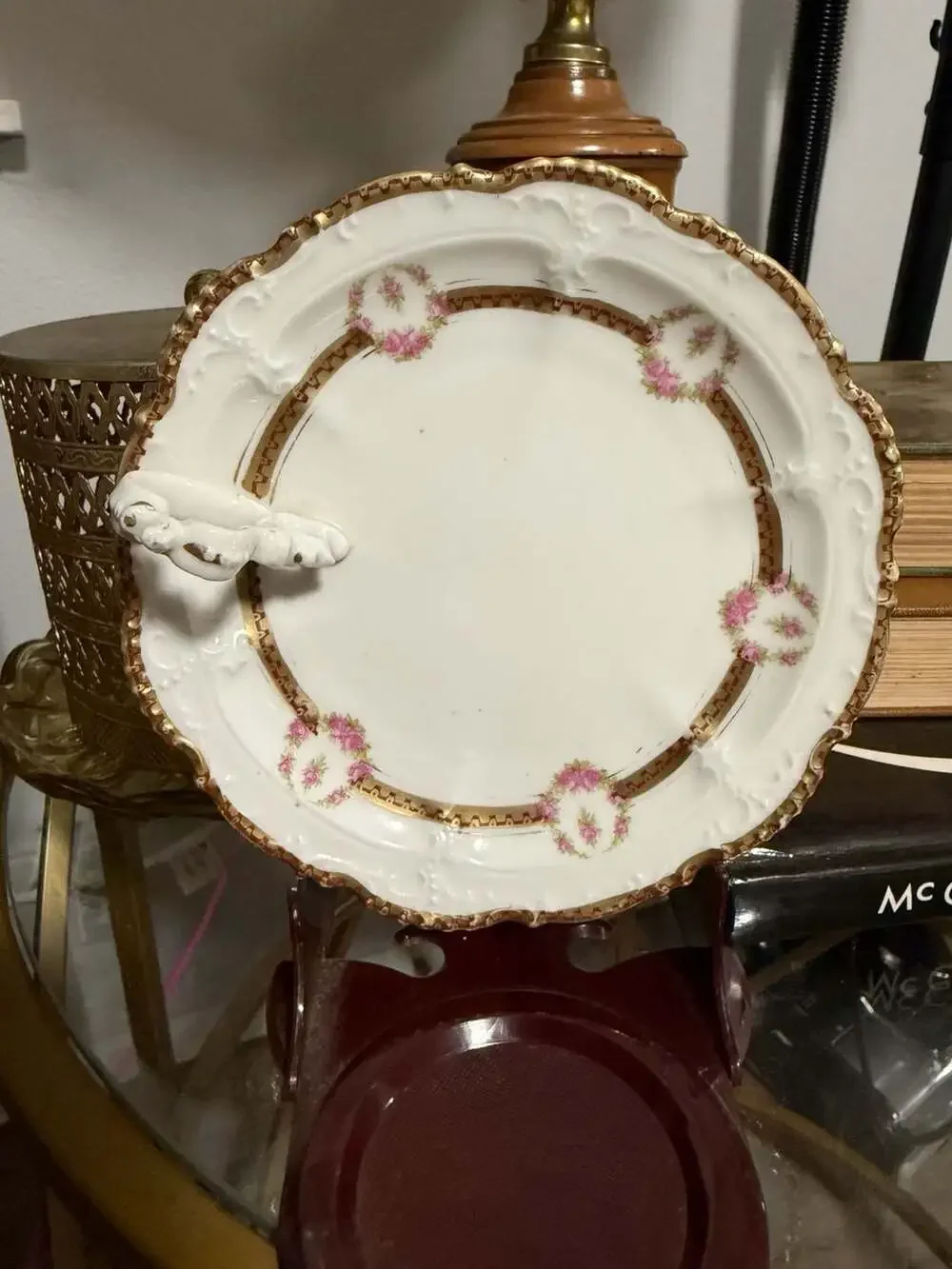 Antique Moritz Zdekauer Austria MZ Austria Handled Porcelain Dish Pink & Gold